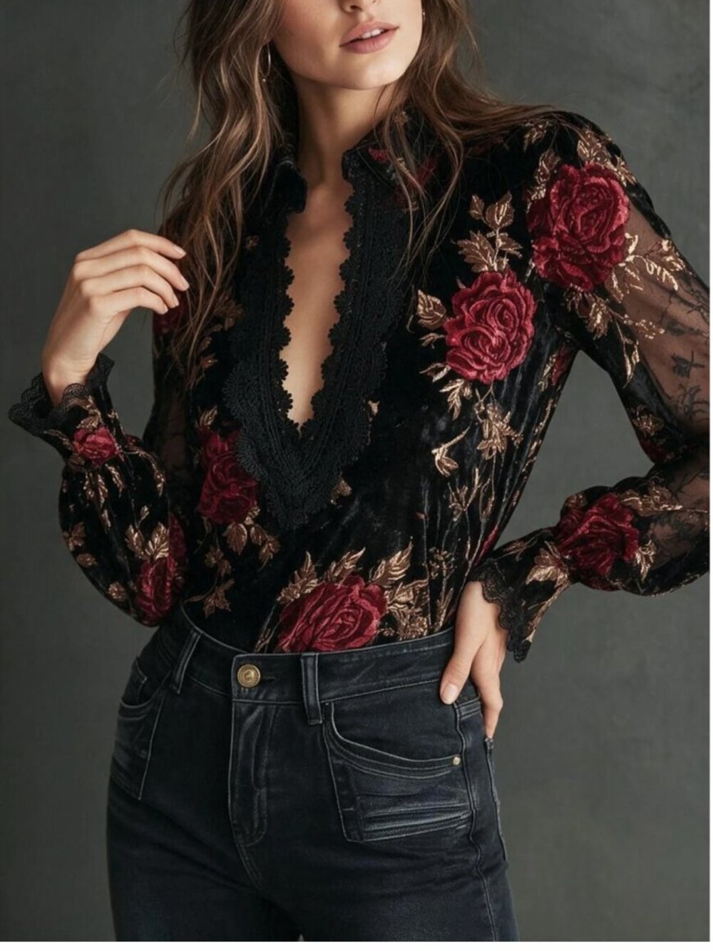 LAST ONE 🔥 Floral Print Velvet Blouse – Scalloped Lace V-Neck - Picture 3 of 6